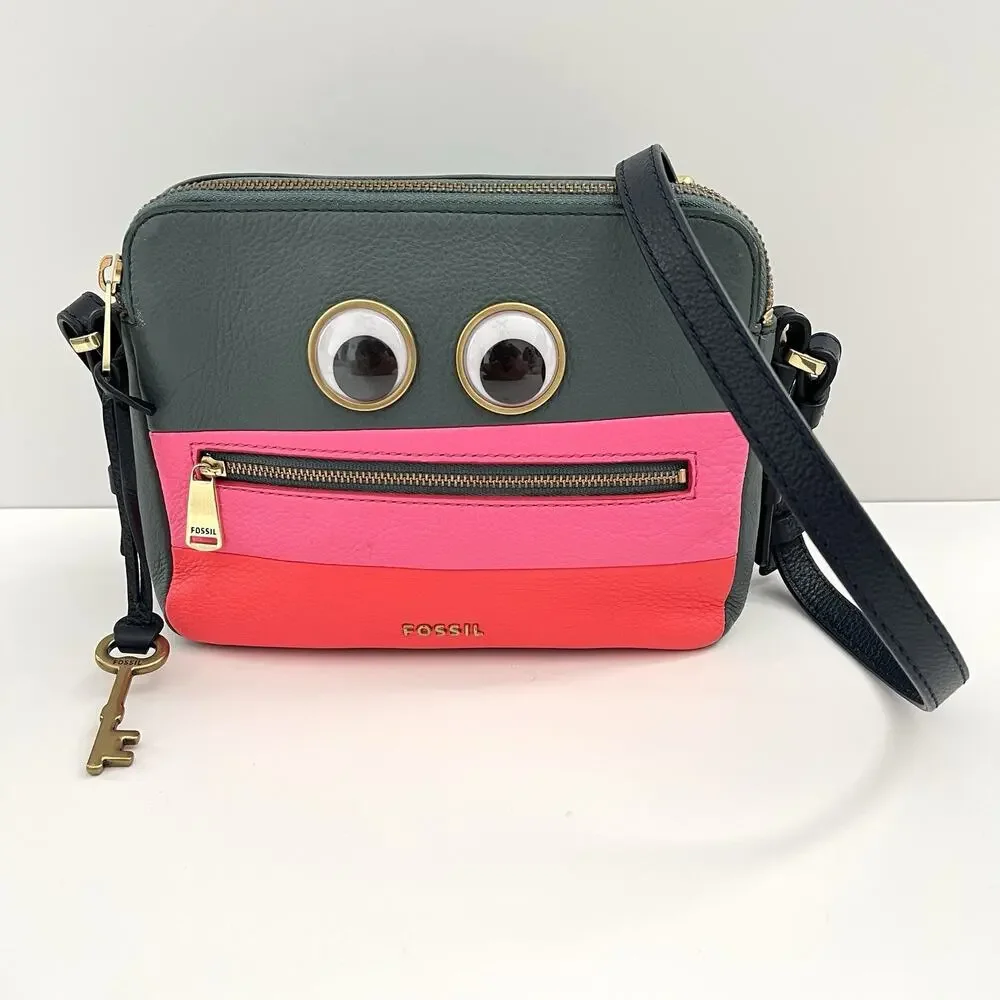 Fossil Piper Bot Toaster Artic Teal Googly Eye Pebbled Leather Crossbody Bag